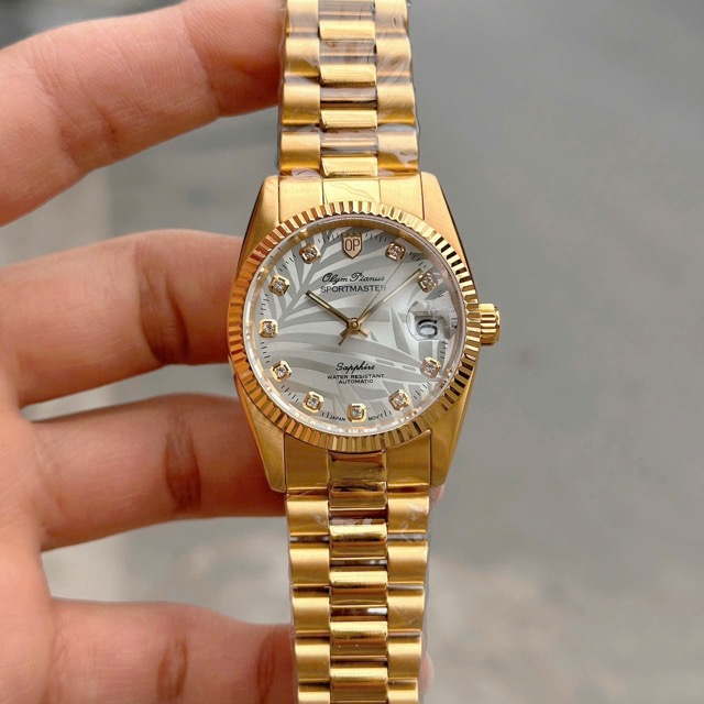Đồng hồ nam dây thép Olym Pianus Automatic OP89322 Gold Lá cọ