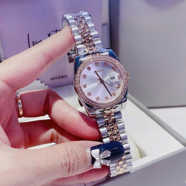 Đồng hồ nữ dây thép Amica Quartz A059 Demi Rose White Dial 32mm