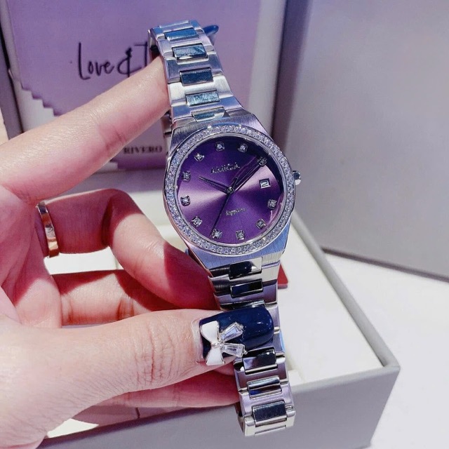 Đồng hồ nữ dây thép Amica Quartz A071 Silver Purple Dial 33mm