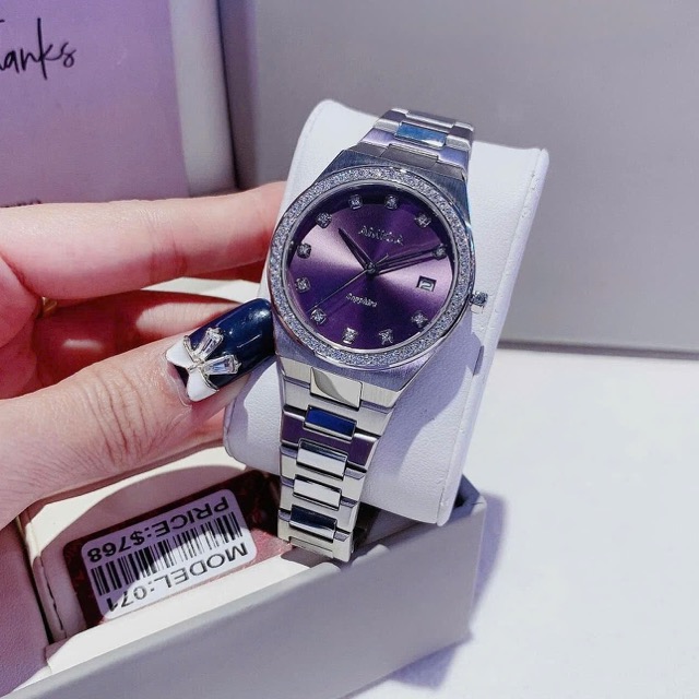 Đồng hồ nữ dây thép Amica Quartz A071 Silver Purple Dial 33mm - Ảnh 3
