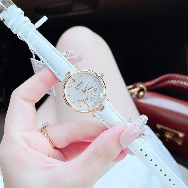 Đồng hồ nữ dây da Starke Quartz Dragonfly Gold White Dial
