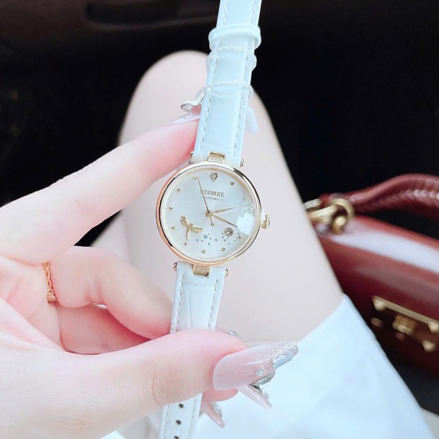 Đồng hồ nữ dây da Starke Quartz Dragonfly Gold White Dial - Ảnh 3