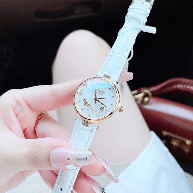 Đồng hồ nữ dây da Starke Quartz Dragonfly Gold White Dial - Ảnh 4