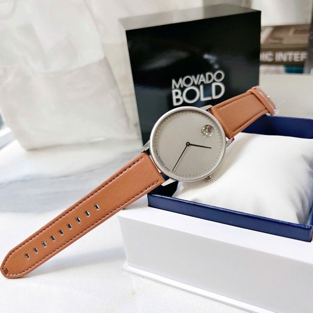 Đồng hồ nam dây da Movado Bold Quartz Grey Dial Brown Leather Strap 3640100