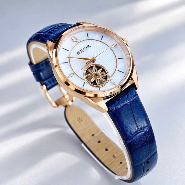 Đồng hồ nữ dây da Bulova Sutton Automatic Open Heart Blue Leather 97L180 - Ảnh 2