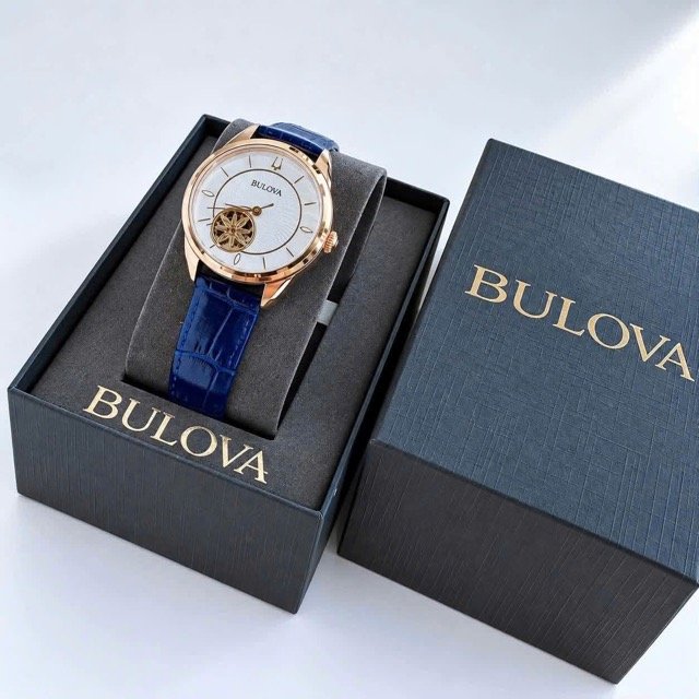 Đồng hồ nữ dây da Bulova Sutton Automatic Open Heart Blue Leather 97L180 - Ảnh 4