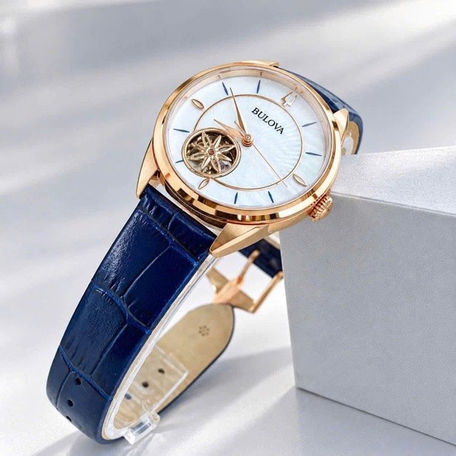 Đồng hồ nữ dây da Bulova Sutton Automatic Open Heart Blue Leather 97L180