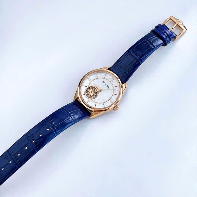 Đồng hồ nữ dây da Bulova Sutton Automatic Open Heart Blue Leather 97L180 - Ảnh 7