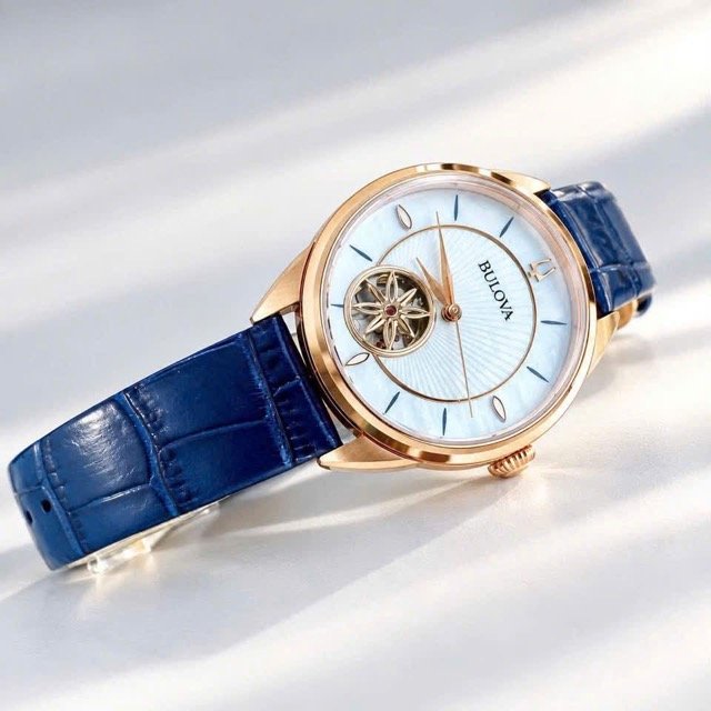 Đồng hồ nữ dây da Bulova Sutton Automatic Open Heart Blue Leather 97L180 - Ảnh 9